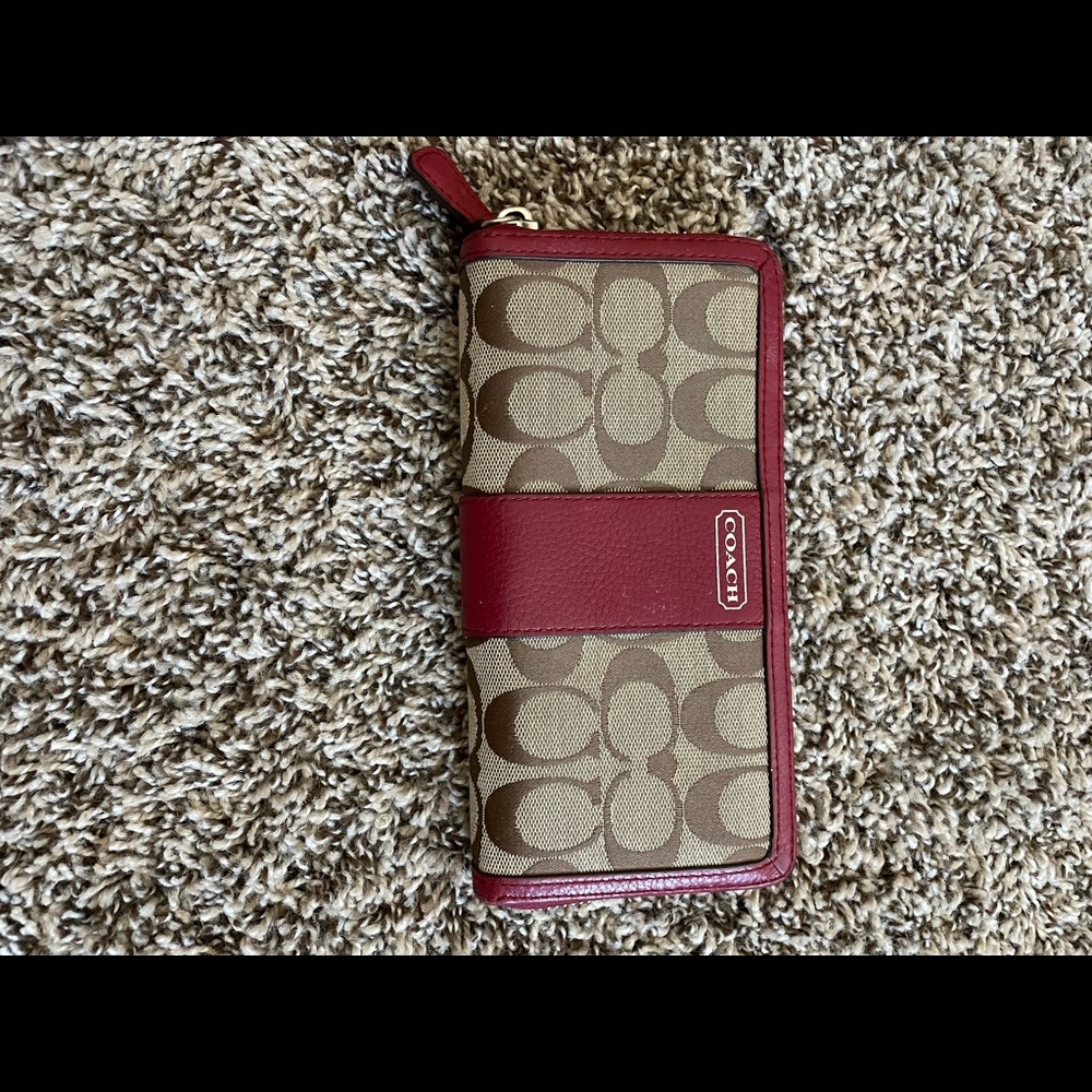 Coach brown and true red signature zip around wallet
